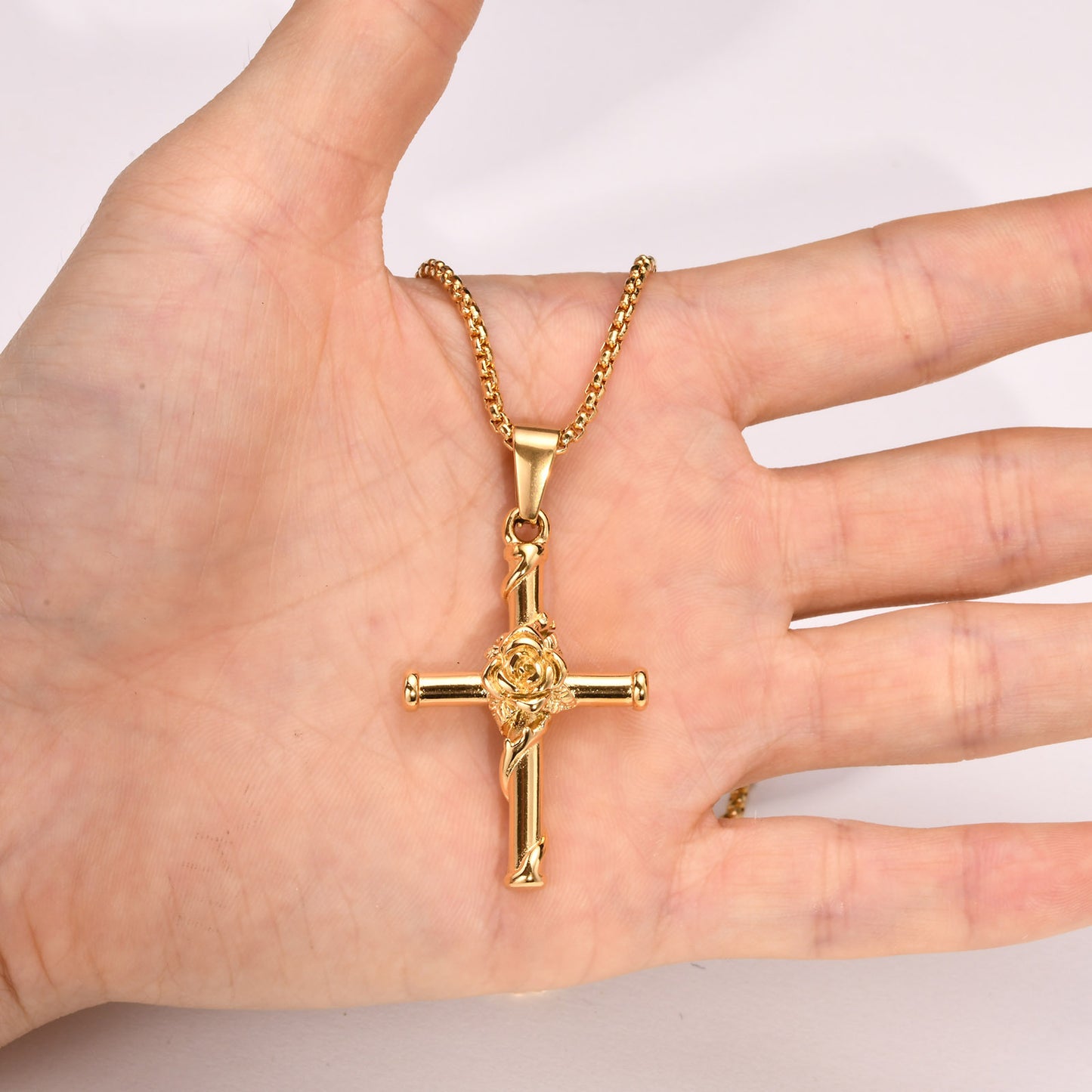 Titanium Steel Necklace Stainless Steel Rose Cross Pendant