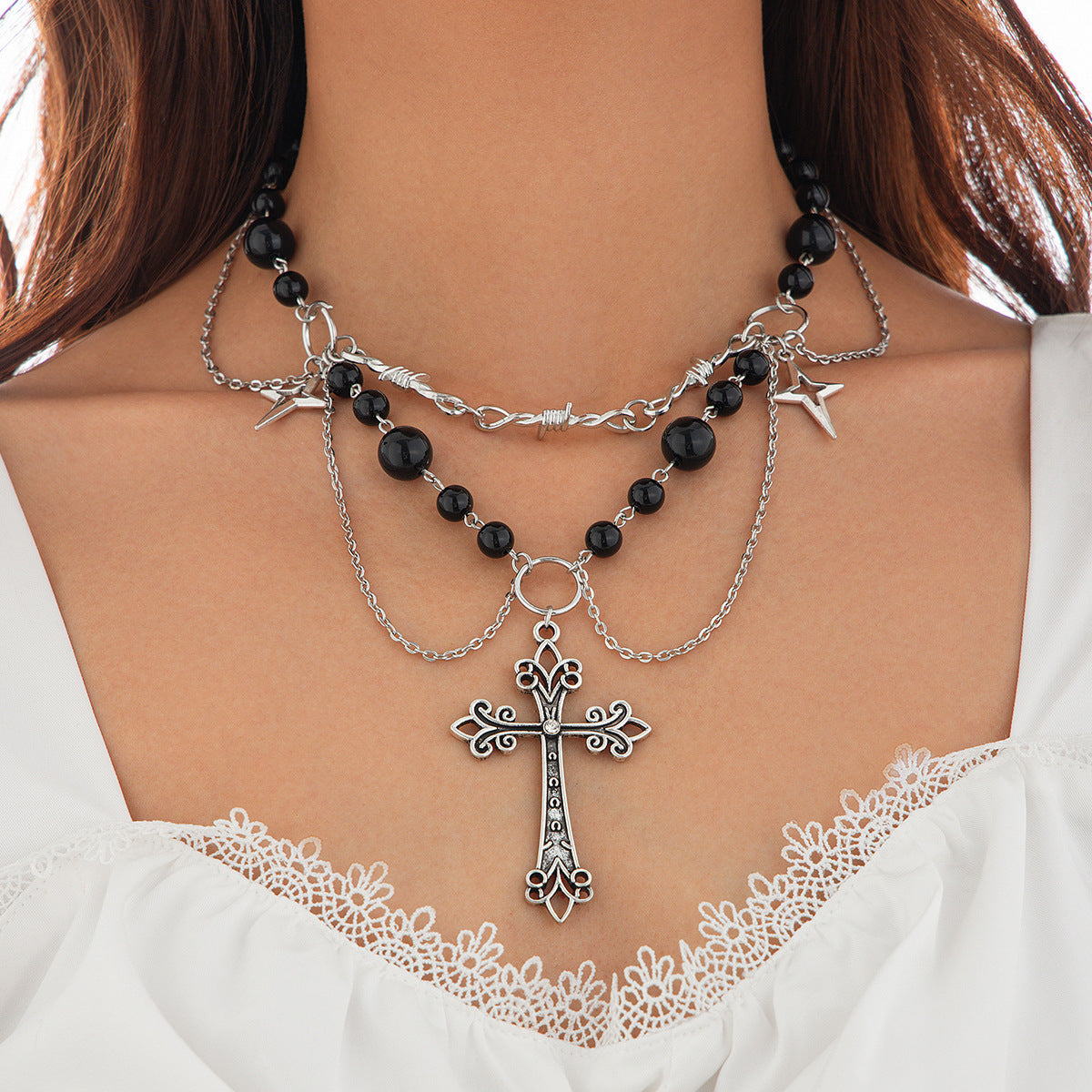 Bow, Cross & Pearl-Style Fringe Necklace
