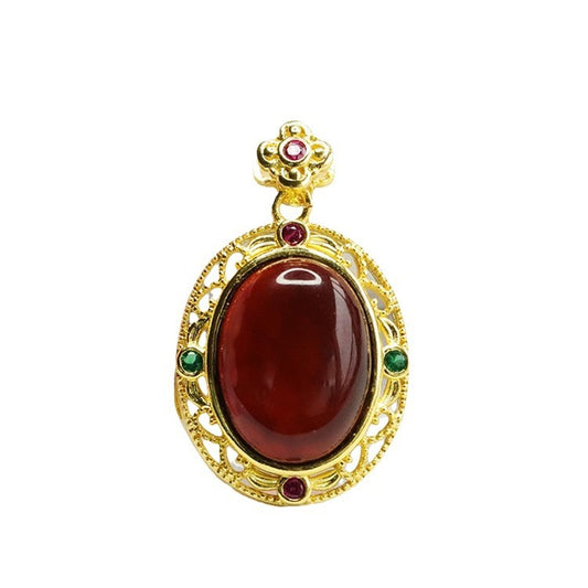 Egg Shaped Blood Amber Pendant with Zircon Flower Necklace - Vintage Sterling Silver Jewelry
