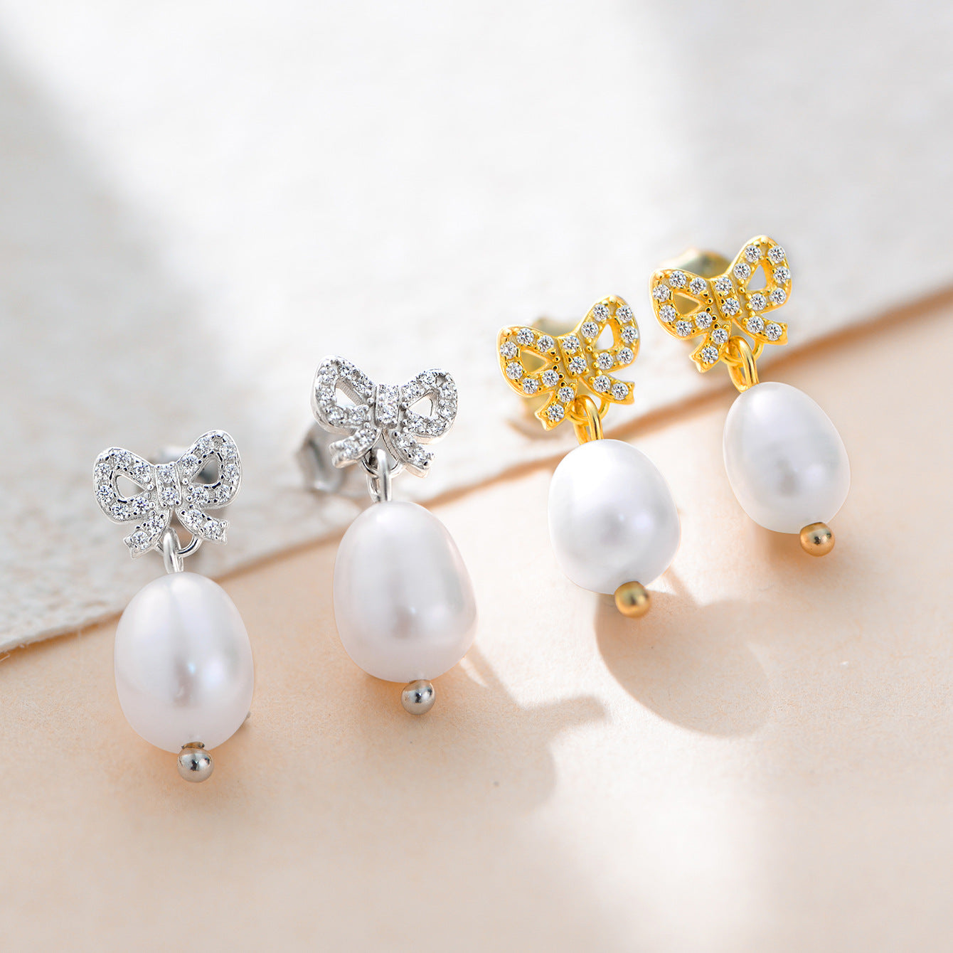 Planderful Sterling Silver Pearl Earrings With Natural Pearl And Zircon Bow Pendant For Women Elegant