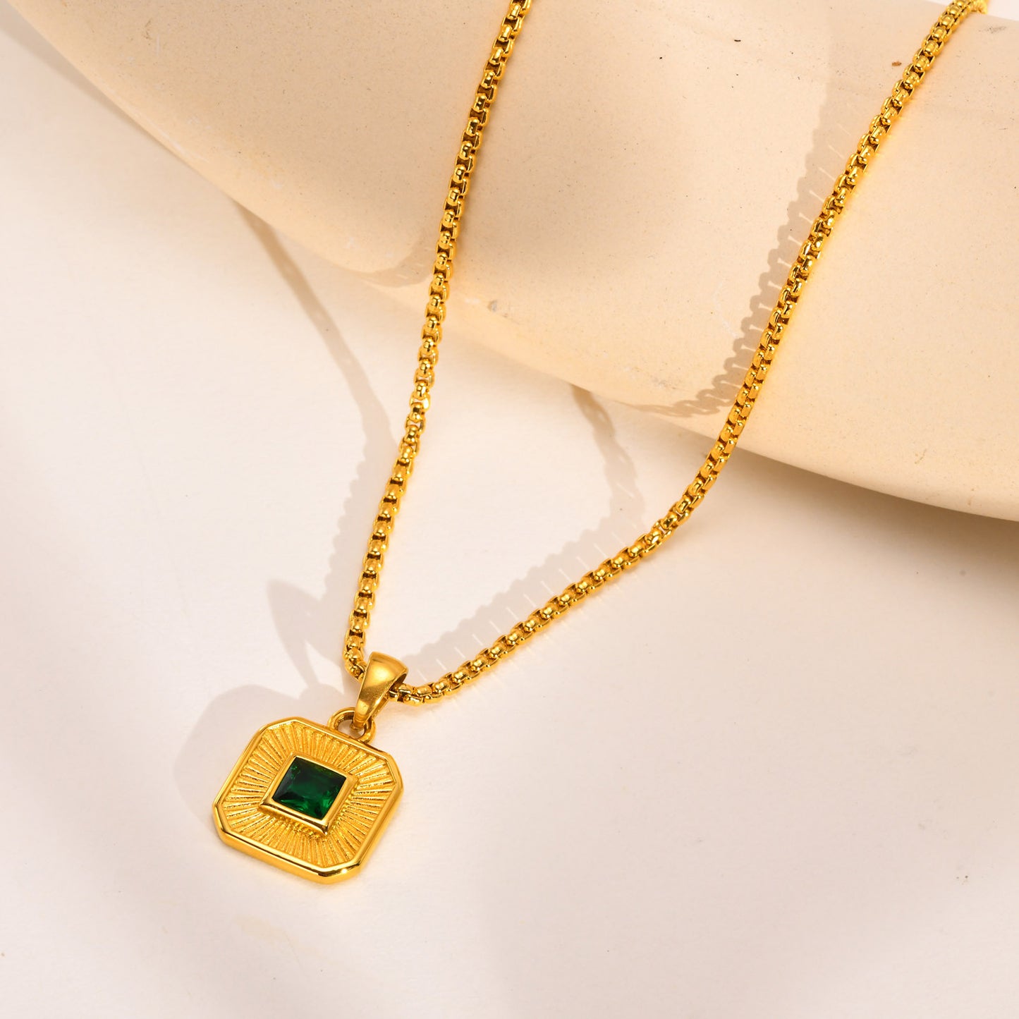 Stainless Steel Zircon Square Pendant Necklace Gold Women