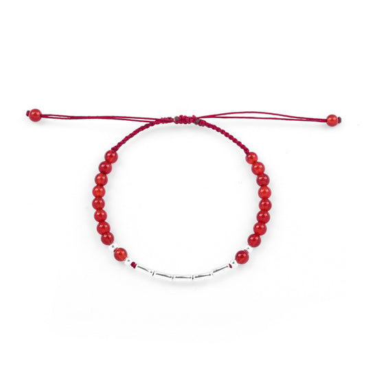 Red Agate Sterling Silver Bracelet with Hand-Woven Bamboo Knot
