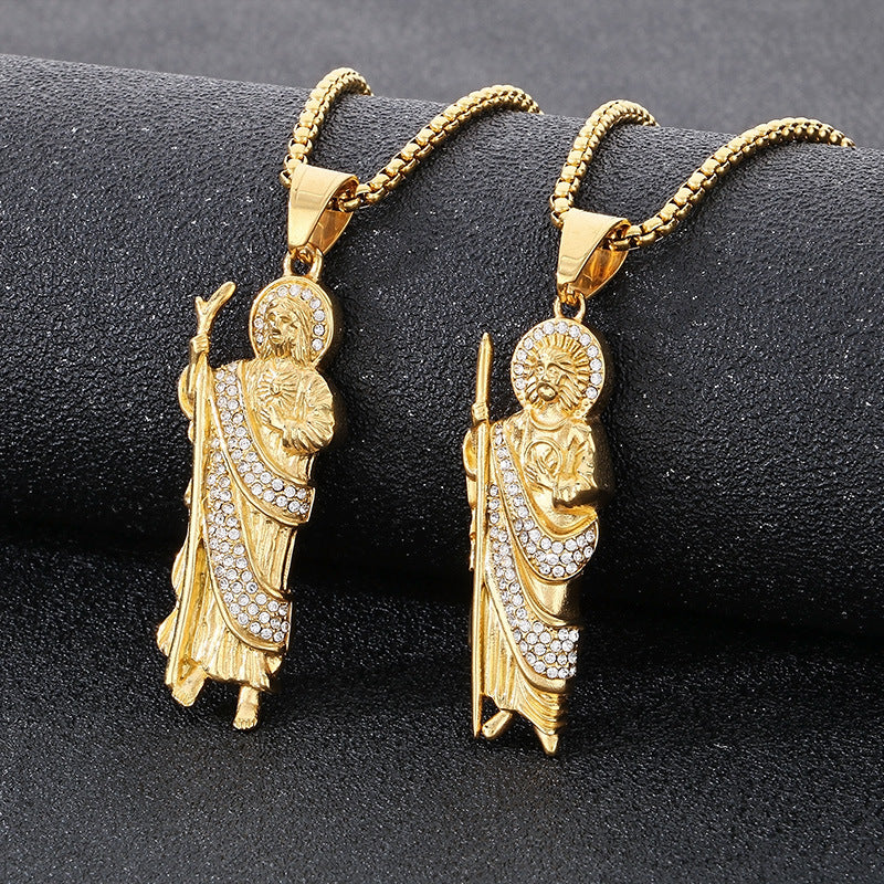 Stylish Zircon Necklace, Vintage Vacuum Plated St. Jude God Titanium Steel Pendant For