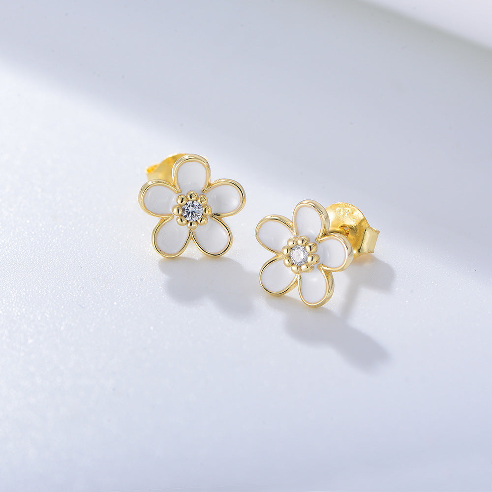 S925 Sterling Silver French Zircon Dripping Flower Earrings Sweet And Cute Versatile Ear