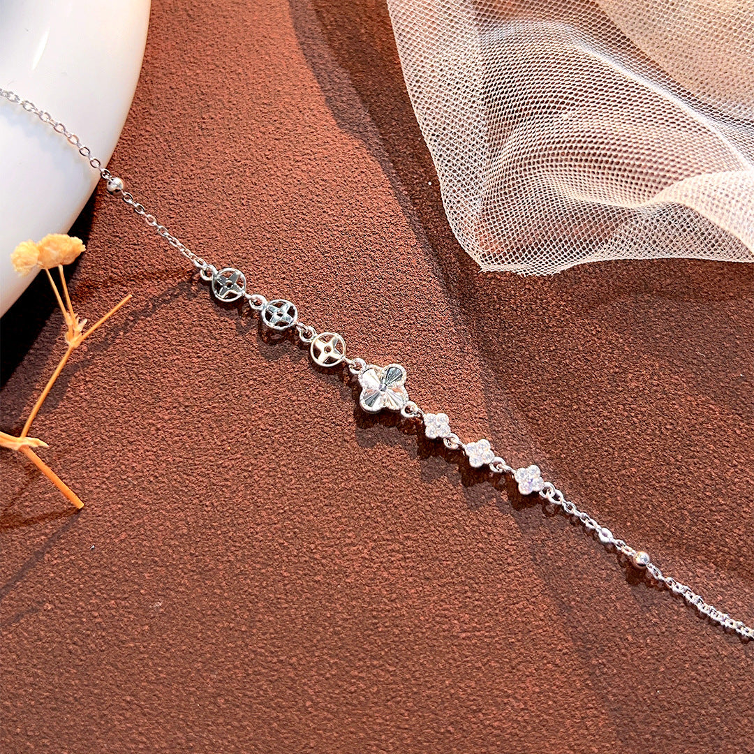 Planderful Everyday Genie S925 Sterling Silver Lucky Flower Four-Leaf Clover Bracelet Women's Double-Sided Car Flower Fashion Versatile Jewelry