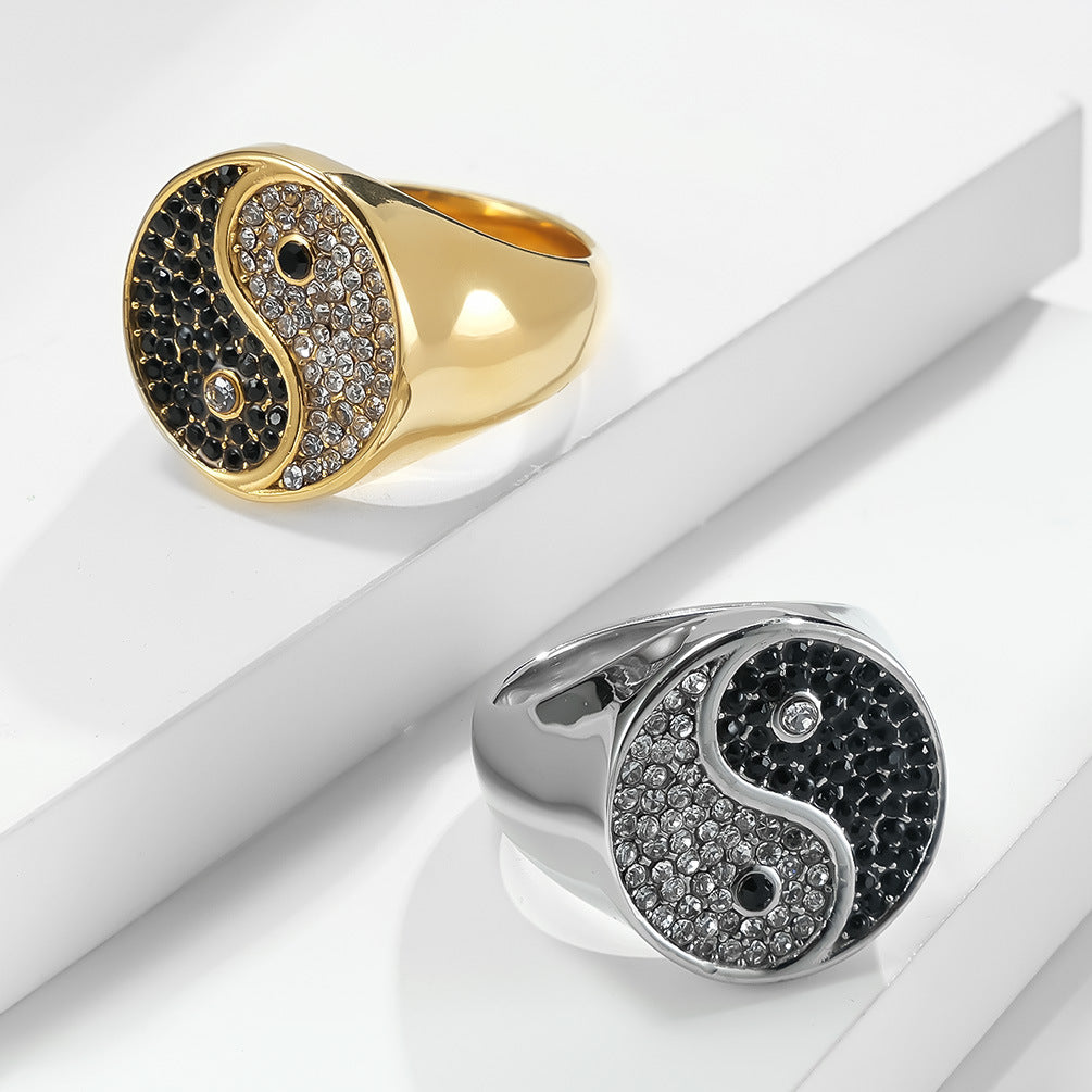 Planderful Tai Chi Ring For Men Stainless Steel With Black And White Zircon Inlay Retro European American Style