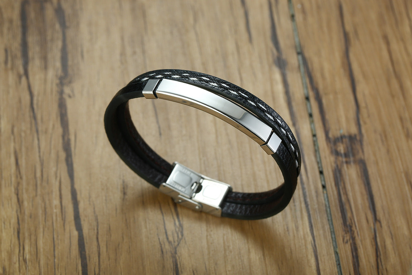 Stainless Steel Leather Bracelet Curved PU Leather Woven