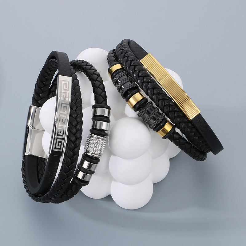 Planderful Mens Multi Layer Leather Magnetic Bracelet
