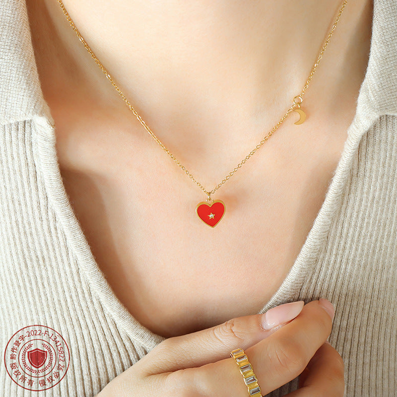 Peach Heart Zirconia Necklace with Lock Bone Chain