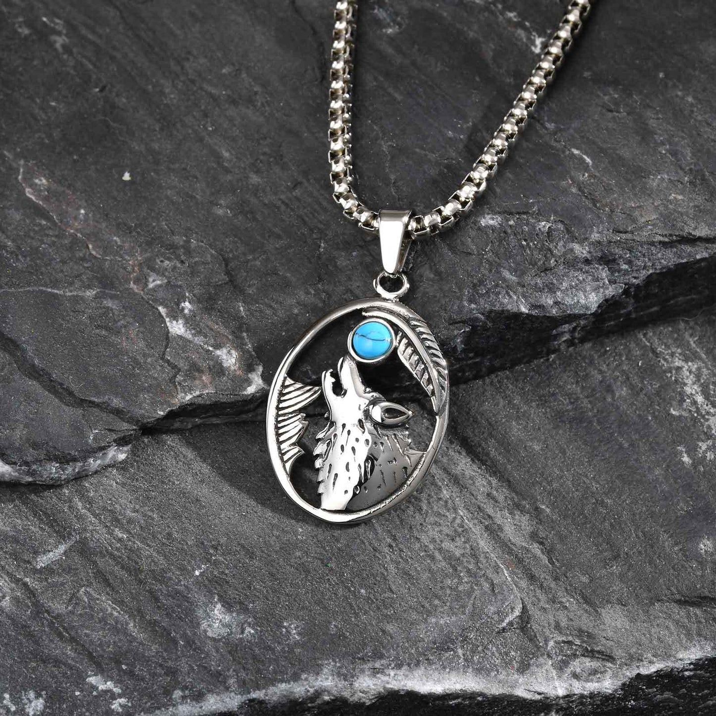 Planderful Wolf Head Turquoise Pendant for Men Hip Hop Style