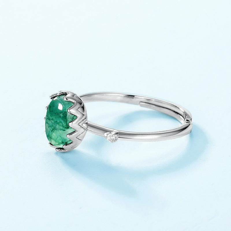 S925 Sterling Silver Moss Agate Geometric Ring