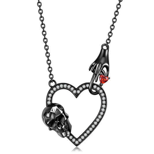 Halloween Hand Hook Hollow Skull Heart Shape Pendant Silver Necklace