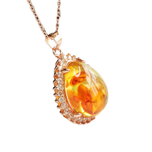 Rose Gold Necklace with Beeswax Amber Pendant and Zircon Halo
