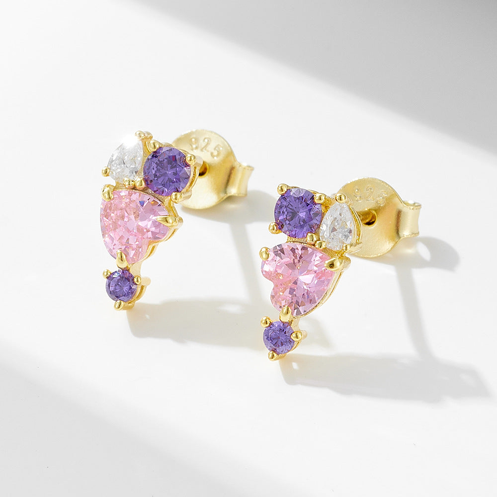 S925 Sterling Silver Heart-Shaped Pink Zircon Stud Earrings Colored Gemstone