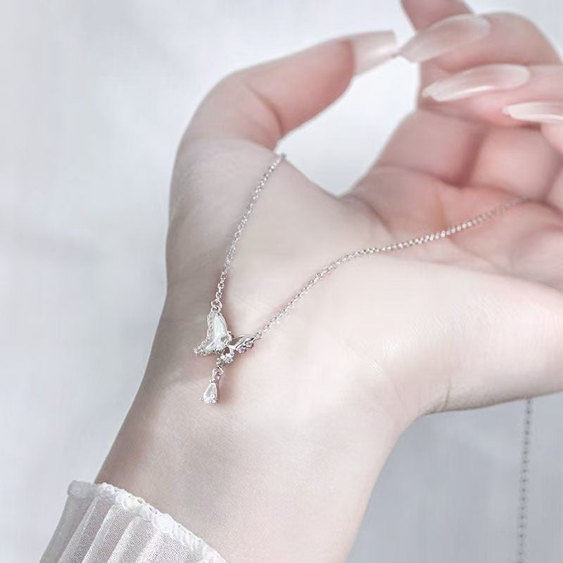 Planderful Sterling Silver Moonlight Butterfly Necklace With Mother Of Pearl Zircon Collarbone Gift For Girlfriend
