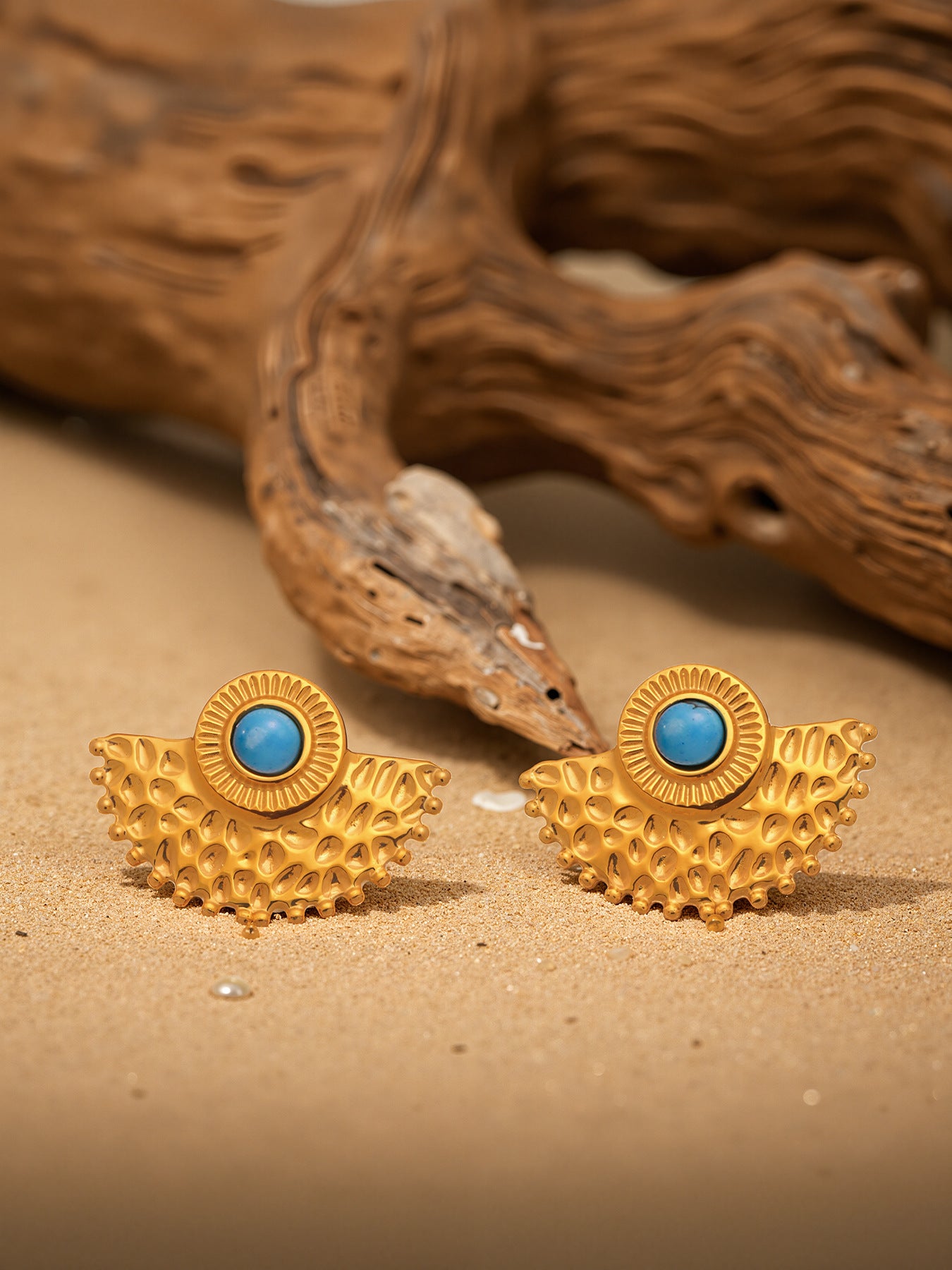 Turquoise Peacock Fan Stud Earrings 18K Gold Women