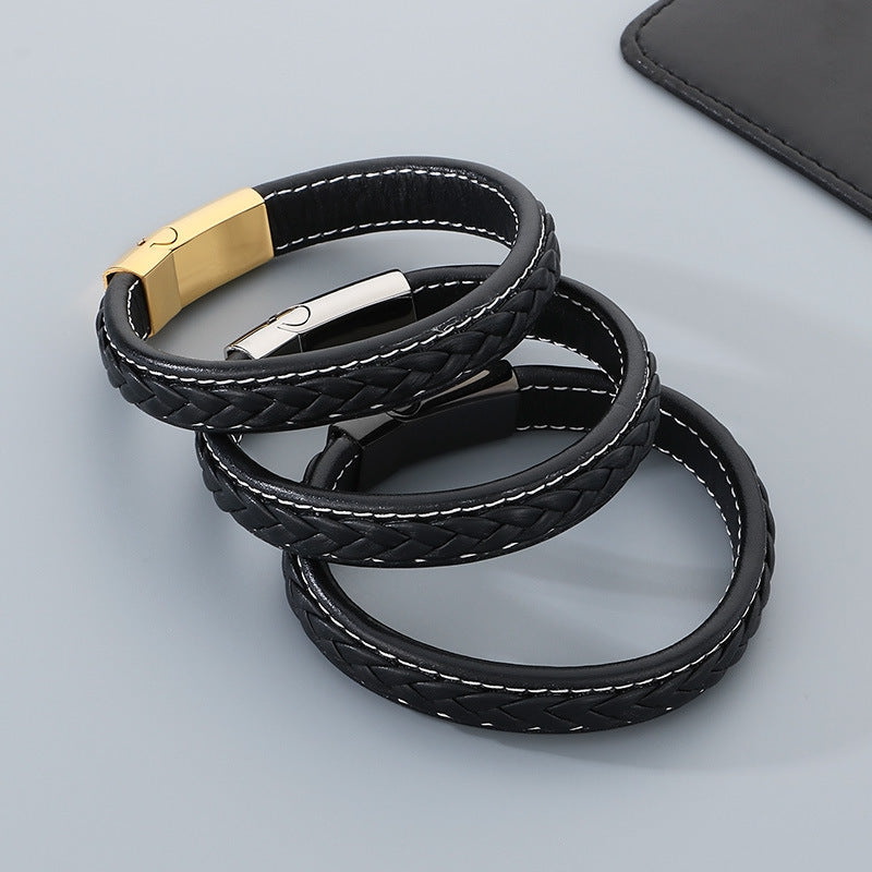 Woven Leather Rope Titanium Steel Buckle Bracelet – Male Punk Flat Leather Rope