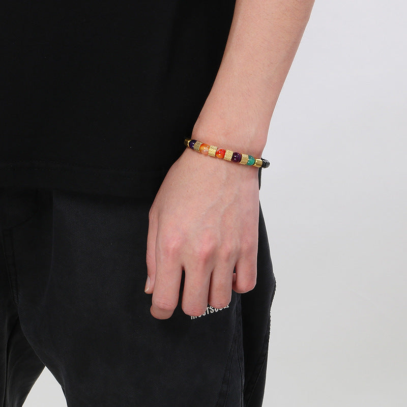 Planderful Men Magnetic Buckle Quartz Stone Leather Bracelet