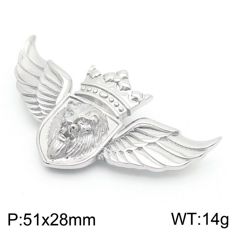 Retro Metal Lion Head Emblem Pendant with Punk Angel Wings for Men