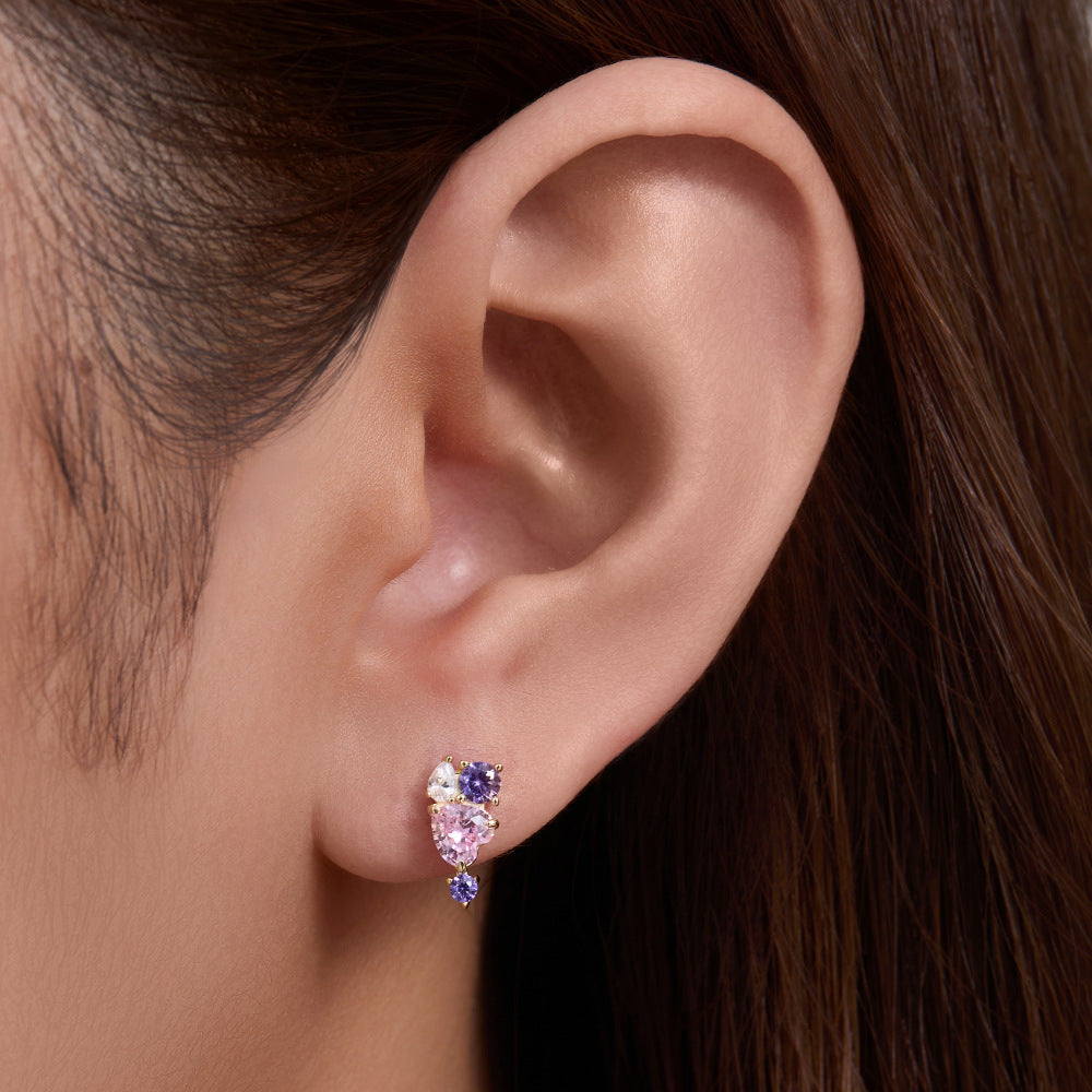 S925 Sterling Silver Heart-Shaped Pink Zircon Stud Earrings Colored Gemstone