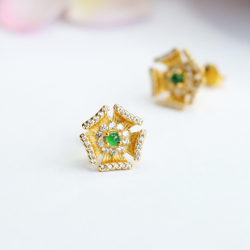 Geometric Five petal Flower Jade Earrings with Sterling Silver Hooks