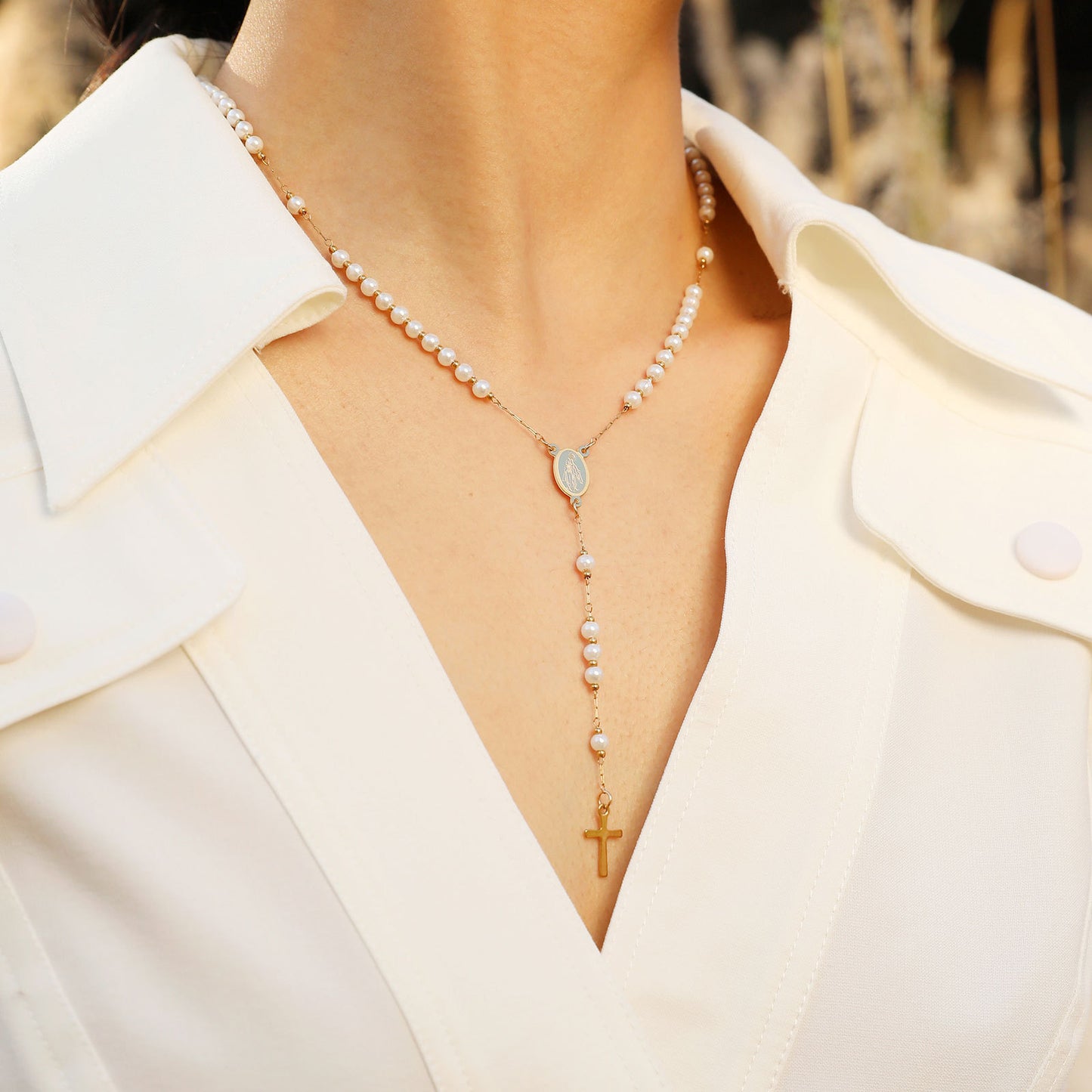 Ladies Stainless Steel Virgin Mary Cross Beaded Necklace Gold