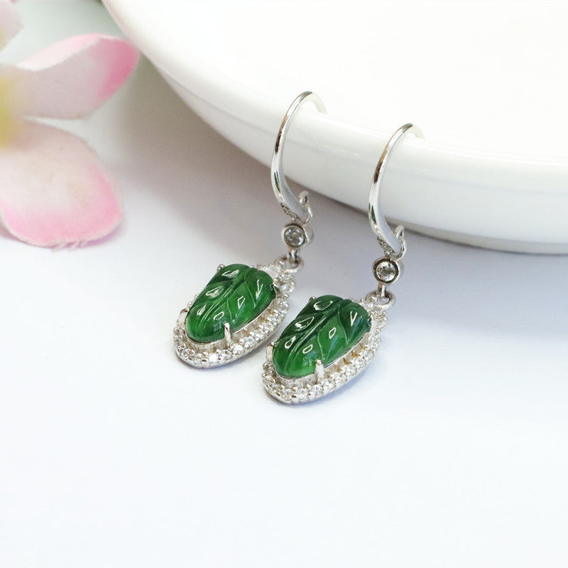 Icy Green Jadeite Leaf Halo 925 Silver Hook Earrings
