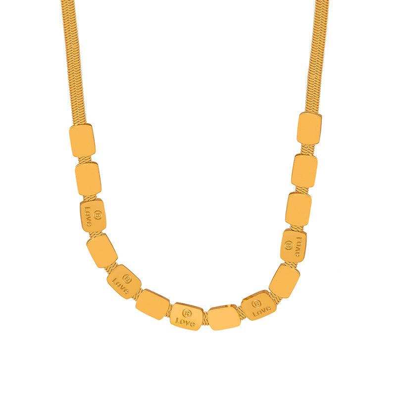 Retro Love Block Chain Necklace with Gold Plating