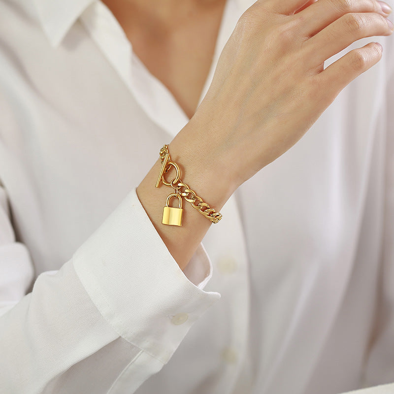 Lock NK Chain Golden Stainless Steel Bracelet