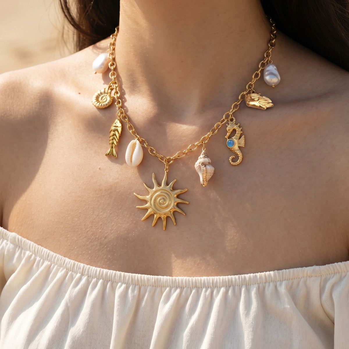 Ocean Wind Stainless Steel Pearl Conch Fish Shell Sun Seahorse Hollow Fish Necklace