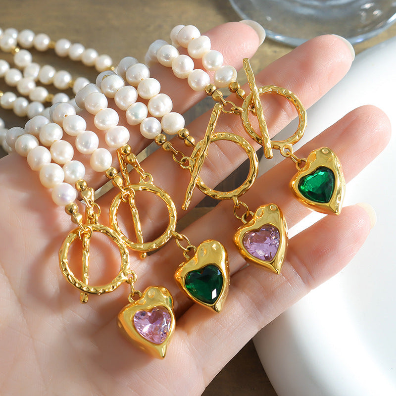 Unique Design Fashion Necklace with Zircon Heart Pendant and Freshwater Pearl Chain