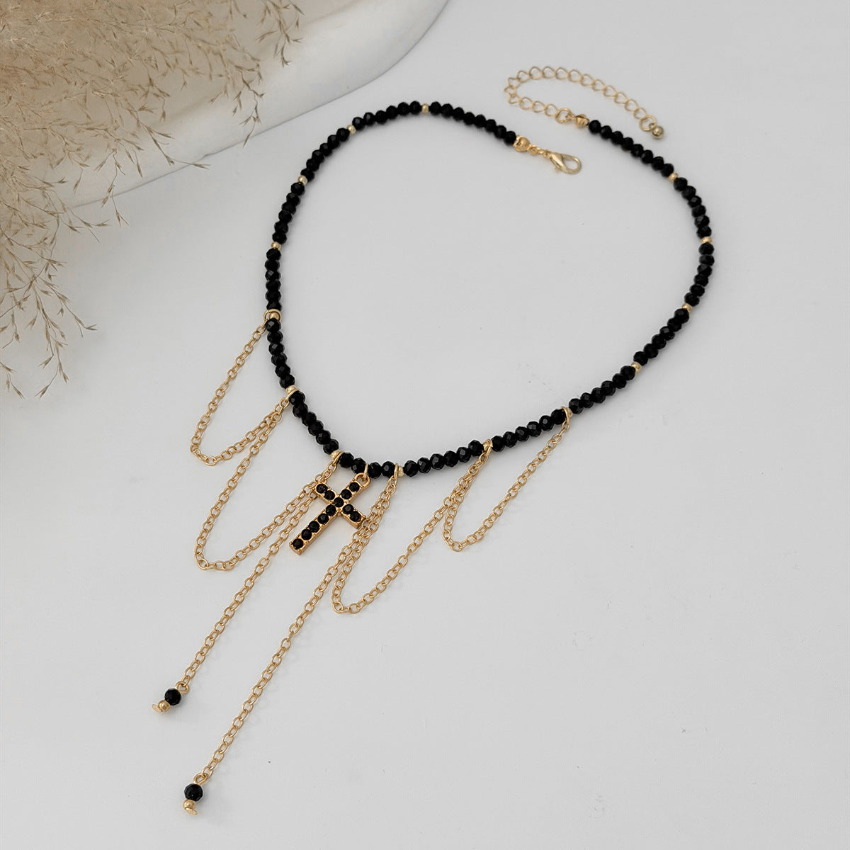 Gothic Beaded Cross Collarbone Necklace