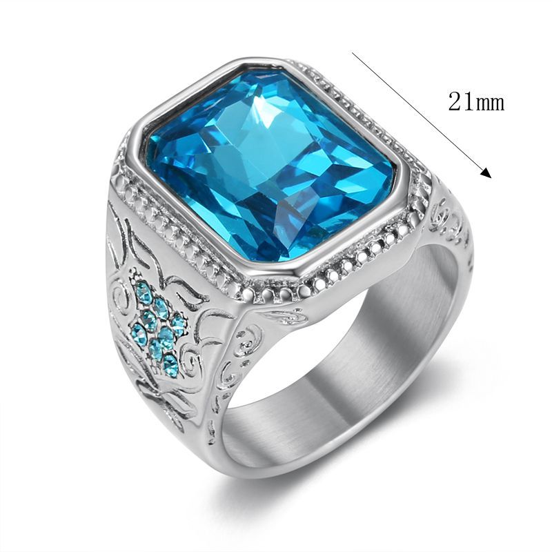 Planderful Hip Hop Ring For Men Gold Plated Titanium Steel Ice Blue Rhinestone Glass Gem Everyday Genie