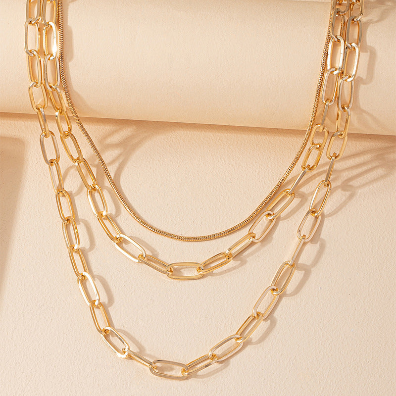 Exaggerated Triple-Layer Chain Necklace with Cuban Link - Hip-Hop Clavicle Chain