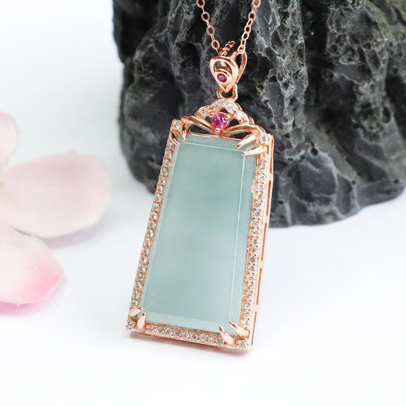 Emerald and Jade Trapezoid Necklace with Zircon Accents