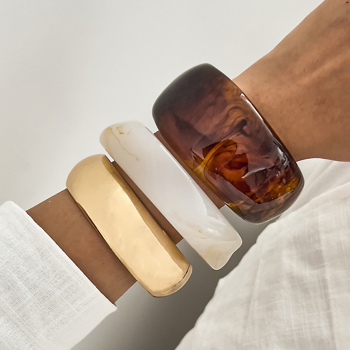 Irregular Smudged Resin Wide-Edge Bracelet Mirror Plain Ring Retro Bracelet