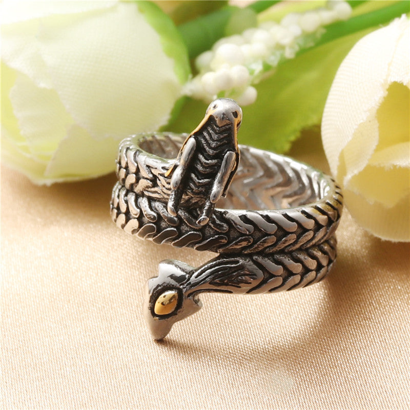 Titanium Steel Retro Snake and Dragon Ring for Men - Trendy Animal Accessories