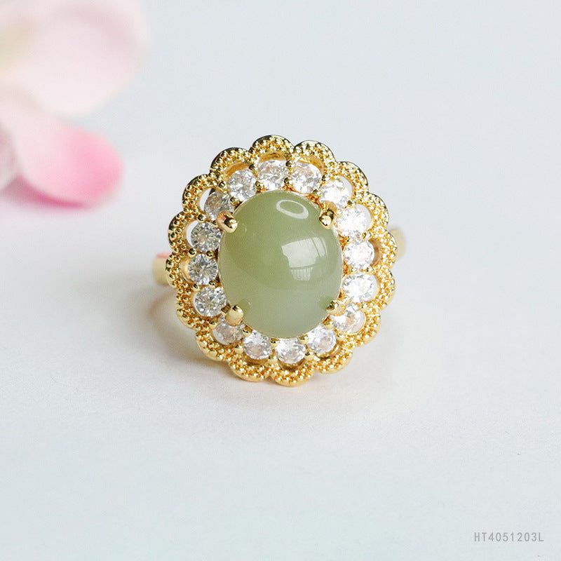 Qingshui Hetian Jade Floral Openwork Ring