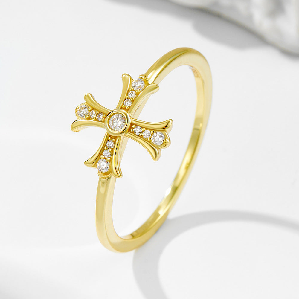 S925 Sterling Silver Zircon Cross Ring Retro Ring