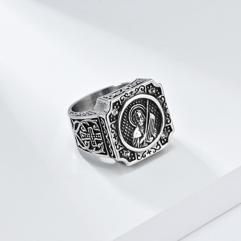 Planderful Cross Portrait Ring For Men Bold Steel Hip Hop Punk Style Durable Everyday Jewelry