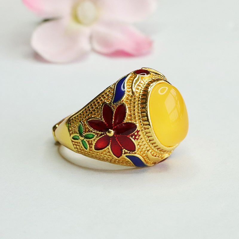 Yellow Amber Wide Flower Ring with Beeswax Accent