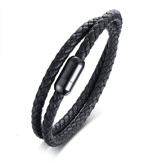 39MM Stainless Steel Two-Circle Black Leather Bracelet