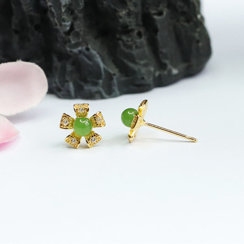 S925 Sterling Silver Hotan Jade Flower Earrings with Sterling Silver Needles