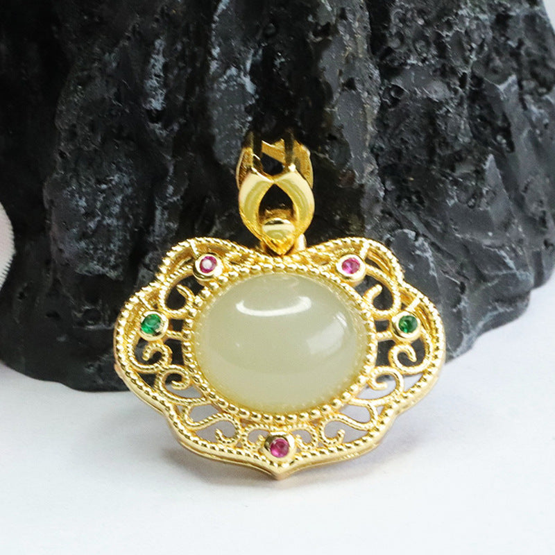 Heirloom Ruyi Pendant with Natural Oval Hotan Jade Insets