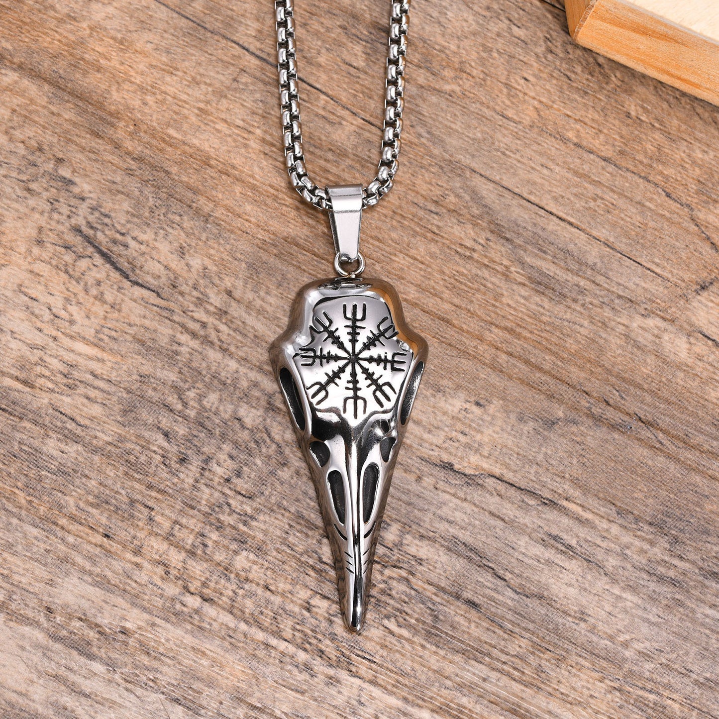 Stainless Steel Viking Crow Skull Pendant Gold Men's Necklace