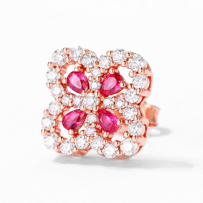 S925 Sterling Silver Lab-Grown Ruby Four-Leaf Clover Stud Earrings
