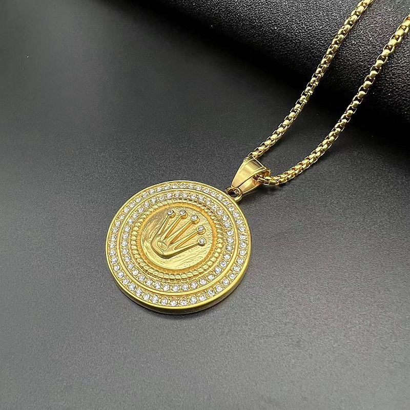 Planderful Premium Hip Hop Necklace Titanium Steel Rhinestone Crown Pendant Three Bead For Men And Women