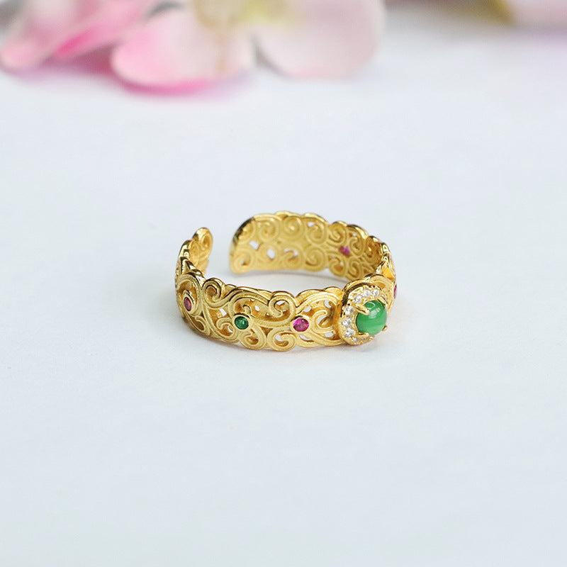 Sterling Silver Adjustable Imperial Green Jadeite Ring with Colorful Zircon Hollow Design.