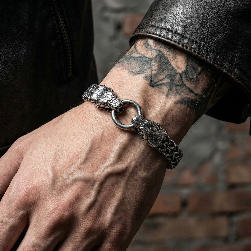 Zodiac Snake – Hip-Hop Rock Double Snake Head Front & Back Chain Stainless Steel Men's Bracelet