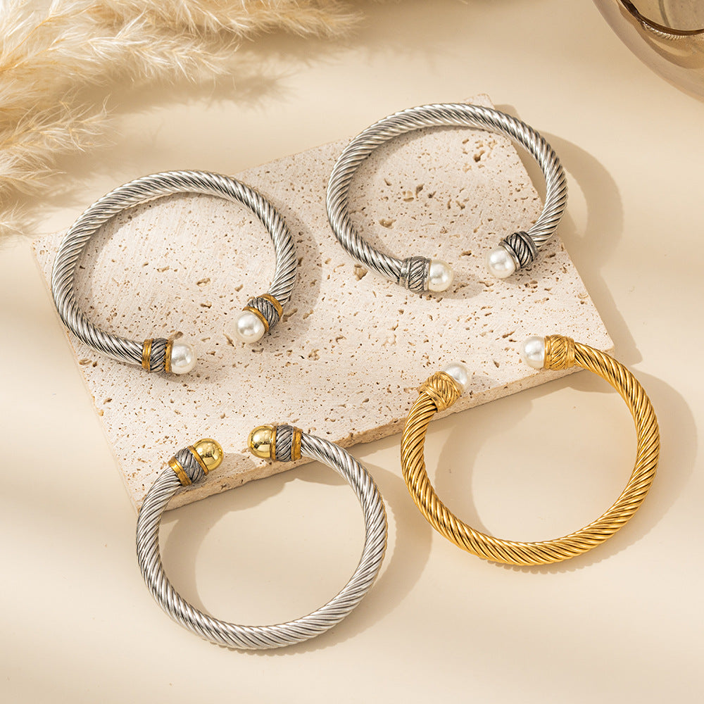 Planderful Stainless Steel Wire Rope Pearl Bracelet For Women Opening Clasp Elegant Everyday Genie Jewelry